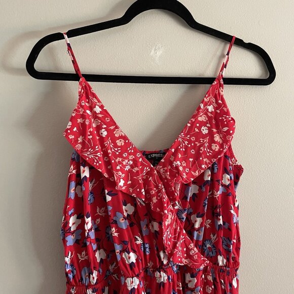 Express Women Sz L Red Floral Faux Wrap Adj Spaghetti Strap Ruffled Sundress - Picture 6 of 11